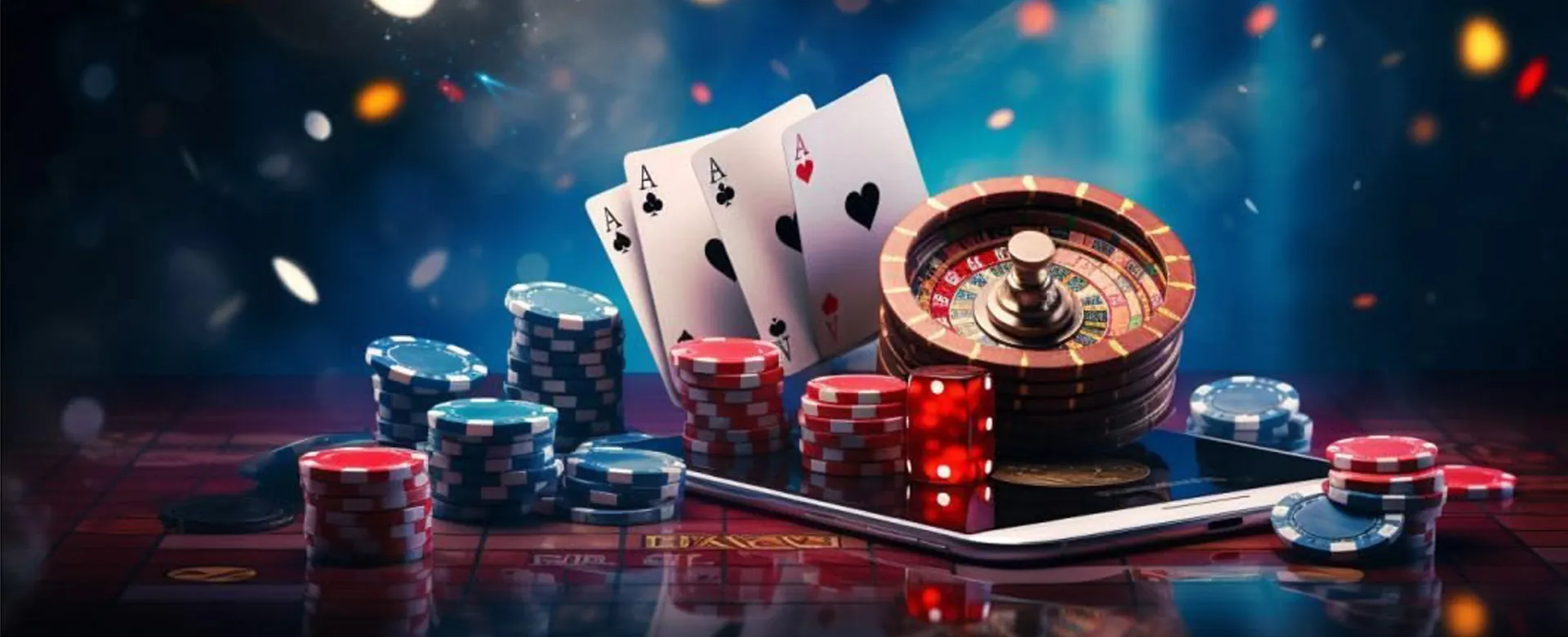 Dynamic 777plus Poker table with golden chips and playing cards